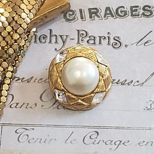 Chanel Paris Gold Rhinestone Pearl Button Clip On Earring- ONLY ONE